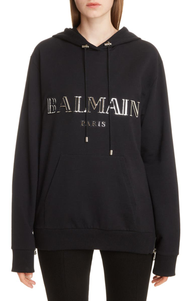 Shop Balmain 3d Metallic Logo Hoodie In Noir/ Argent