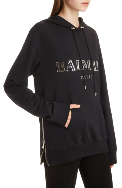 Shop Balmain 3d Metallic Logo Hoodie In Noir/ Argent