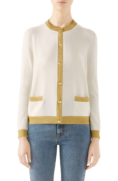 Shop Gucci Metallic Trim Cashmere & Silk Cardigan In Ivory/ Gold