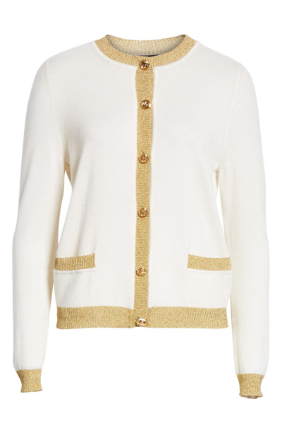 Shop Gucci Metallic Trim Cashmere & Silk Cardigan In Ivory/ Gold