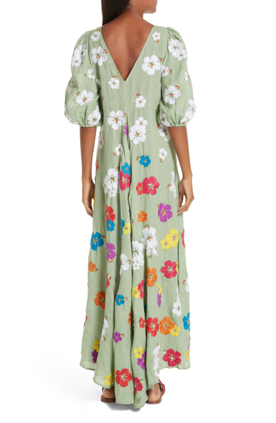 Shop All Things Mochi Tila Embroidered Linen Maxi Dress In Green