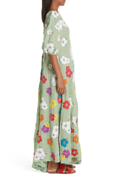 Shop All Things Mochi Tila Embroidered Linen Maxi Dress In Green