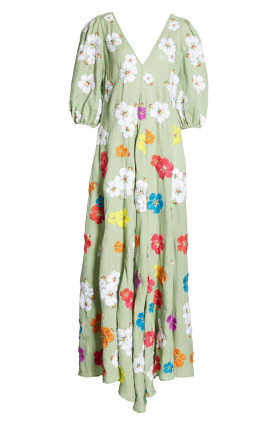Shop All Things Mochi Tila Embroidered Linen Maxi Dress In Green