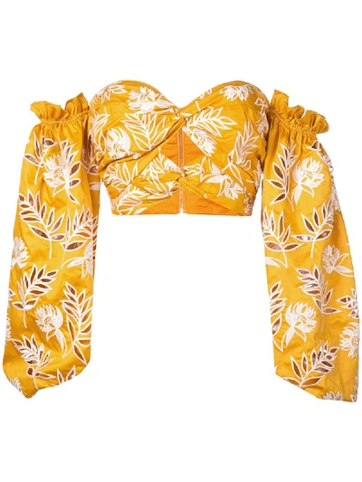 Shop Amur Floral Embroidered Puff Sleeve Crop Top - Yellow