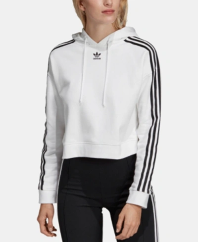 Shop Adidas Originals Adicolor Cropped Cotton Three-stripe Hoodie In White