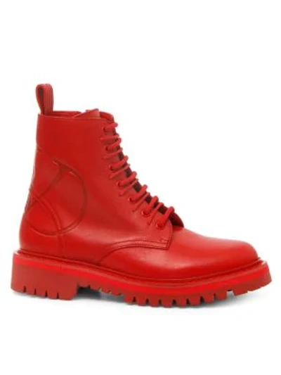 Shop Valentino Garavani Vlogo Leather Combat Boots In Red