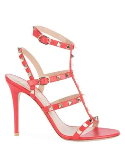 Shop Valentino Women's Rockstud T-strap Leather Sandals In Red