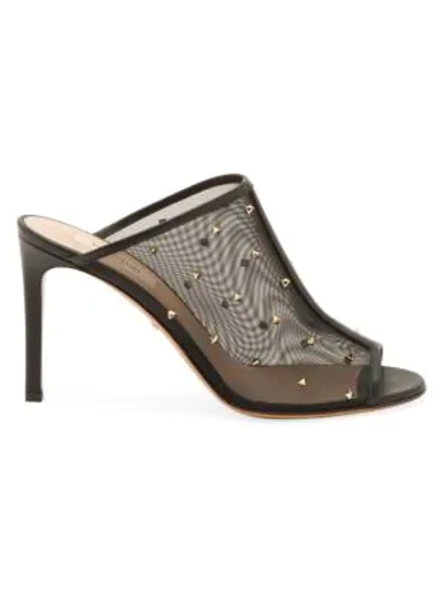 Shop Valentino Garavani Studded Peep-toe Leather & Mesh Mules In Black