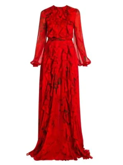 Shop Valentino Floral Chiffon Ruffle Gown In Red Mult