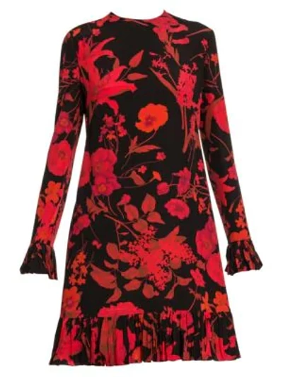 Shop Valentino Floral Flounce Hem Silk Dress In Black Red