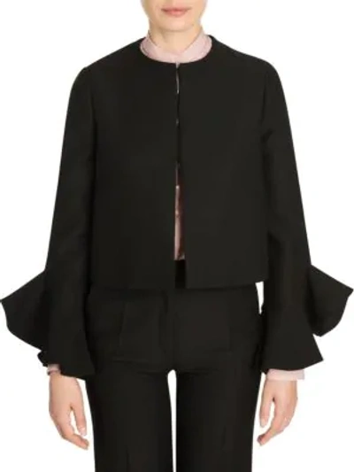 Shop Valentino Short Crepe Ruffle Sleeve Jacket In Black