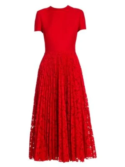Shop Valentino Women's Short Sleeve Crepe & Lace Pleat Dress In Red