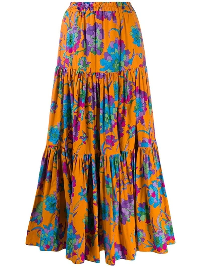 LA DOUBLEJ FLORAL PRINT TIERED MAXI SKIRT - 橘色