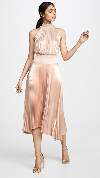 gold pleated midi dress