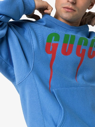 Shop Gucci Blade Logo Print Cotton Jumper In 4846 Blue