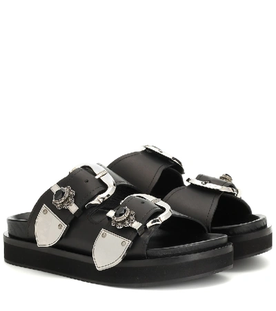 Shop Alexander Mcqueen Embellished Leather Slides In Black