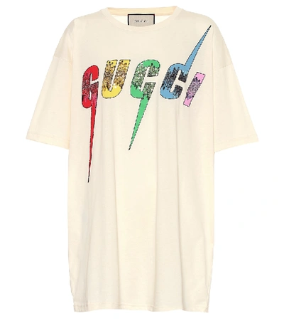 Shop Gucci Sequined Logo Cotton T-shirt In Yellow