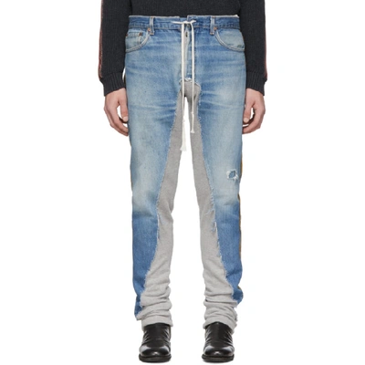 Shop Greg Lauren Blue 50/50 Denim Terry Royal Jeans In Blu/gry