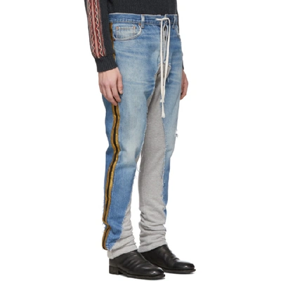 Shop Greg Lauren Blue 50/50 Denim Terry Royal Jeans In Blu/gry