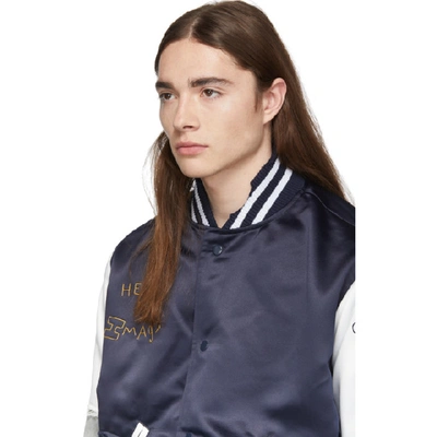 Shop Greg Lauren Navy 50/50 Satin Denim Varsity Jacket In Navy/denim