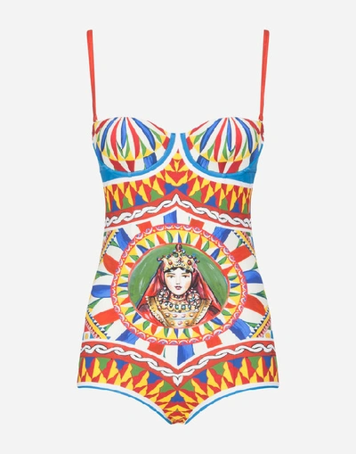 Shop Dolce & Gabbana One-piece Balconette Swimsuit With Cart And Queen Print In Multi-colored