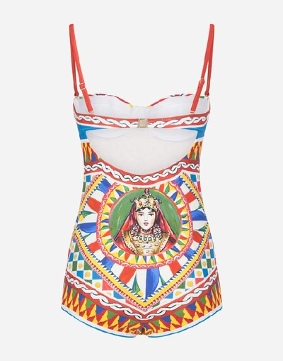 Shop Dolce & Gabbana One-piece Balconette Swimsuit With Cart And Queen Print In Multi-colored