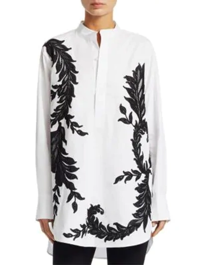 Shop Oscar De La Renta Floral High-low Mandarin Shirt In White