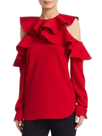Shop Oscar De La Renta Long Sleeve Cold-shoulder Ruffle Top In Crimson