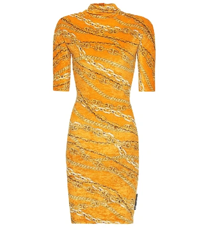 Shop Balenciaga Printed Stretch-velvet Dress In Yellow