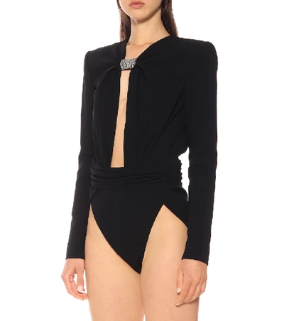 Shop Saint Laurent Crystal-embellished Crêpe Bodysuit In Black