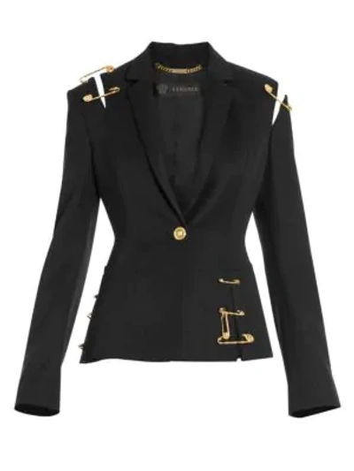 Shop Versace Safety Pin Cutout Wool Jacket In Black