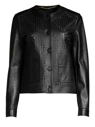 Shop Escada Lascada Laser Cut Logo Leather Jacket In Black