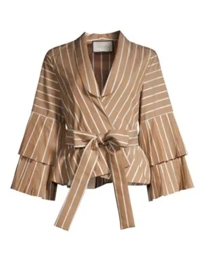 Shop Alexis Lipa Striped Bell Sleeve Tie-waist Blouse In Tan Stripe