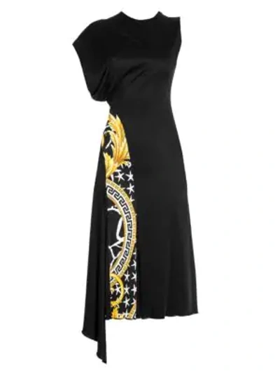 Shop Versace Asymmetric Baroque Print Cap Sleeve Dress In Black Gold