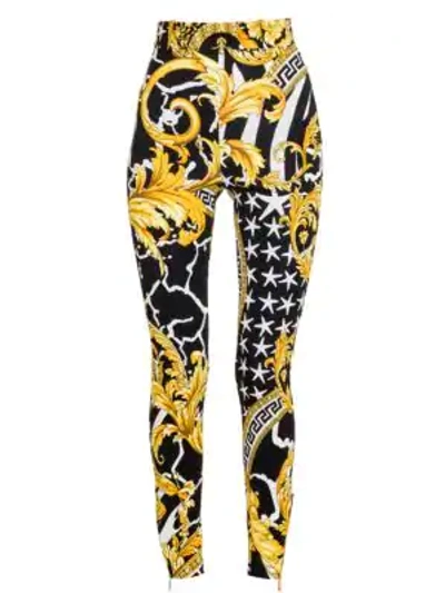 Shop Versace Savage Baroque Stretch-jersey High-waist Trousers In Black Gold