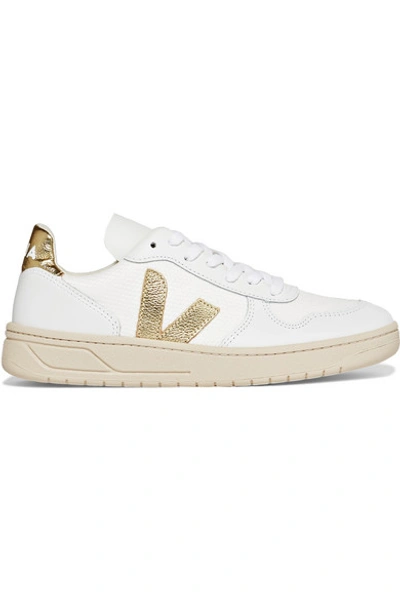 Shop Veja + Net Sustain V-10 Metallic-trimmed Leather And Mesh Sneakers In White