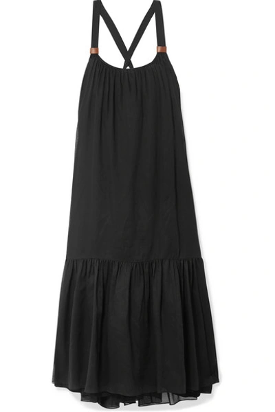 Shop Tibi Leilei Faux Leather-trimmed Lyocell Midi Dress In Black
