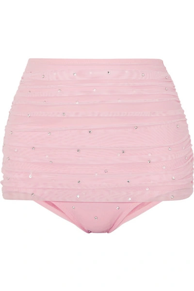 Shop Norma Kamali Bill Embellished Stretch-tulle Bikini Briefs In Pastel Pink
