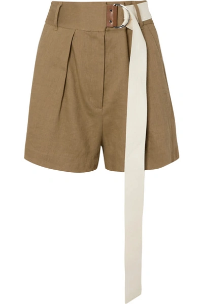 Shop Tibi Pleated Belted Linen-blend Twill Shorts In Army Green