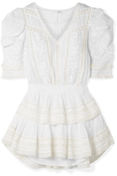Shop Loveshackfancy Marissa Tiered Crochet-trimmed Broderie Anglaise Cotton-voile Mini Dress In White