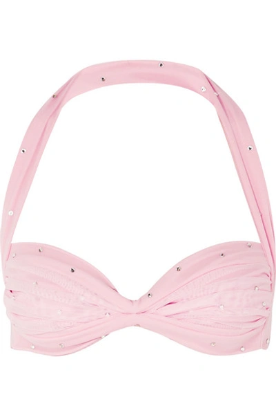 Shop Norma Kamali Bill Embellished Stretch-tulle Halterneck Bikini Top In Pastel Pink