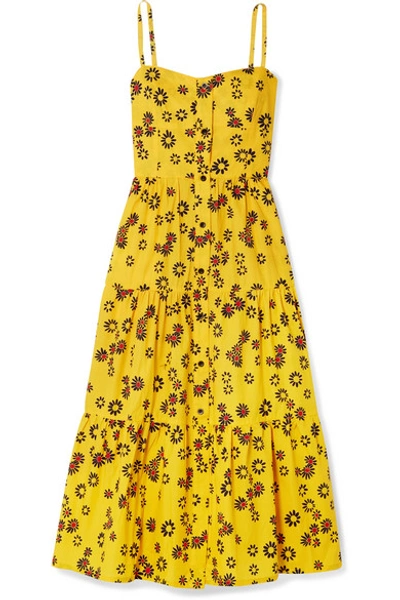 Shop Solid & Striped Tiered Floral-print Cotton-poplin Midi Dress In Saffron