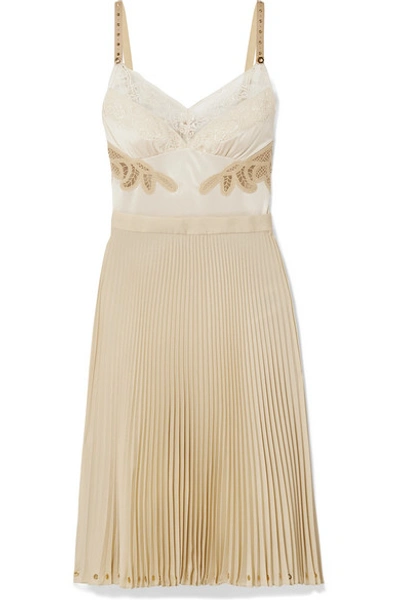 Shop Burberry Lace And Leather-trimmed Satin And Pleated Crepe De Chine Dress In Beige