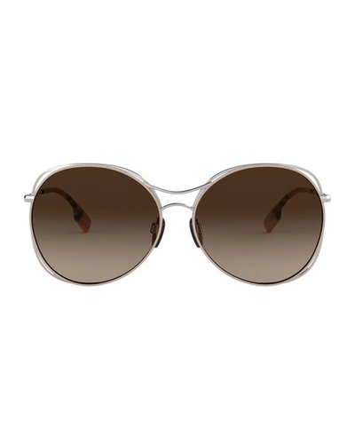 Shop Burberry Round Steel Cutout Sunglasses In Brown