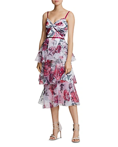 Shop Marchesa Notte Tiered Printed Organza Dress In Ivory