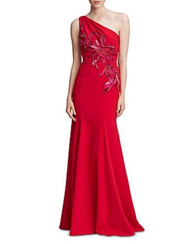 Shop Marchesa Notte Embellished One-shoulder Gown In Red