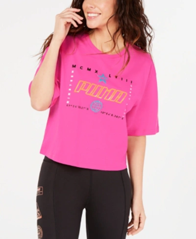 Shop Puma Tz Cotton Graphic Cropped T-shirt In Fuchsia Purple