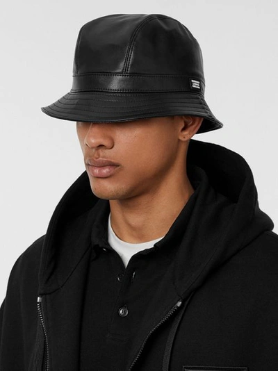 Shop Burberry Logo Detail Faux Leather Bucket Hat In Black