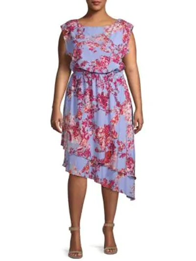 Shop Adrianna Papell Plus Baroque Floral Blouson Dress In Periwinkle