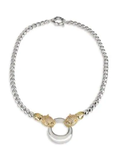 Shop Cz By Kenneth Jay Lane Two-tone Pavé Panthers Crystal Roll Chain Necklace In Two Tone